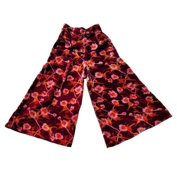 Vintage 70's Pants Bell Bottoms High Rise Wide Leg Flare Velvet Floral Wine S - Picture 1 of 11